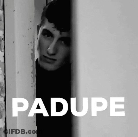 A Black And White Photo Of A Man Peeking Out From Behind A Wall With The Word Padupe In White GIF
