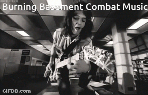 A Black And White Photo Of A Man Playing A Guitar With The Words Burning Basement Combat Music Above Him GIF