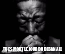 A Black And White Photo Of A Man Praying With The Words Tu Es Mort Le Jour Du Deban All Below Him GIF