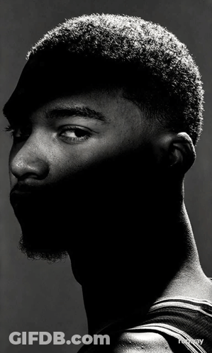 A Black And White Photo Of A Man 'S Face With The Word Victory In The Corner GIF