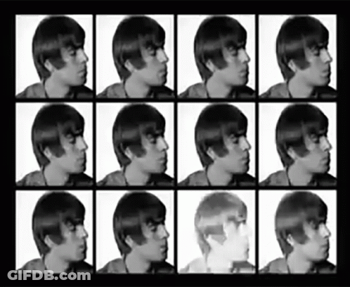 A Black And White Photo Of A Man 'S Head With Different Hairstyles GIF
