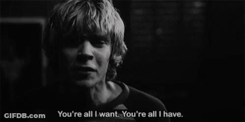 A Black And White Photo Of A Man Screaming With The Words You 'Re All I Want You 'Re All I Have Below Him GIF