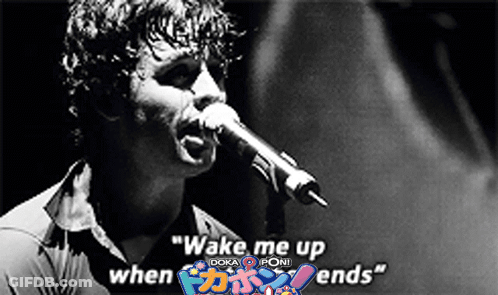 A Black And White Photo Of A Man Singing Into A Microphone With The Words Wake Me Up When I Doka Poni Ends GIF