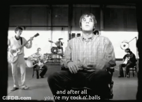 A Black And White Photo Of A Man Sitting In A Chair With The Words " And After All You 'Re My Cock-N-Balls " GIF