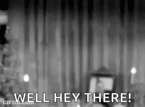 A Black And White Photo Of A Man Standing In Front Of A Curtain With The Words `` Well Hey There '' . GIF