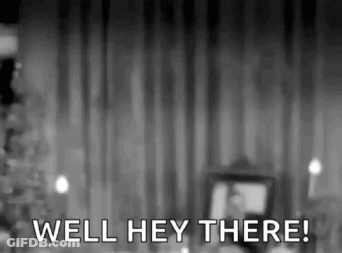 A Black And White Photo Of A Man Standing In Front Of A Curtain With The Words `` Well Hey There '' . GIF