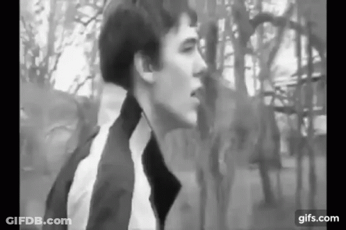 A Black And White Photo Of A Man Standing In Front Of A Forest . GIF