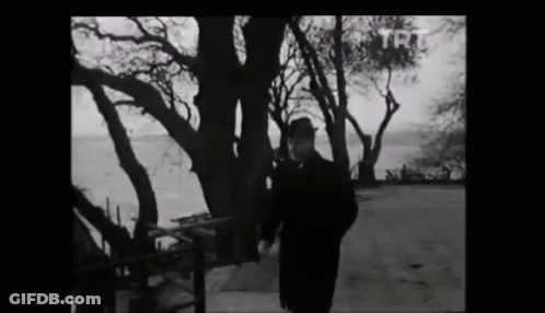 A Black And White Photo Of A Man Standing In Front Of Trees With Trt Written On The Bottom GIF