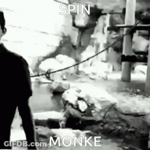 A Black And White Photo Of A Man Standing Next To A River With A Caption That Says `` Spin Monke '' . GIF