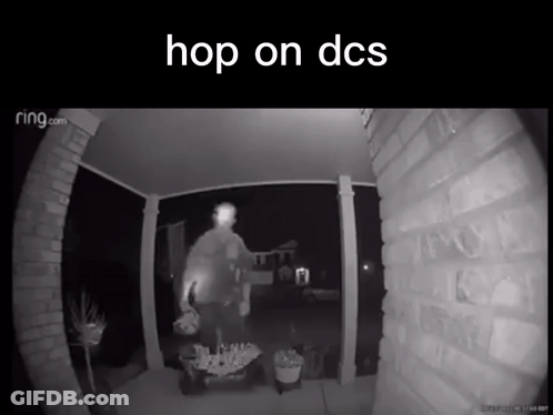 A Black And White Photo Of A Man Standing On A Porch With The Caption Hop On Dcs GIF