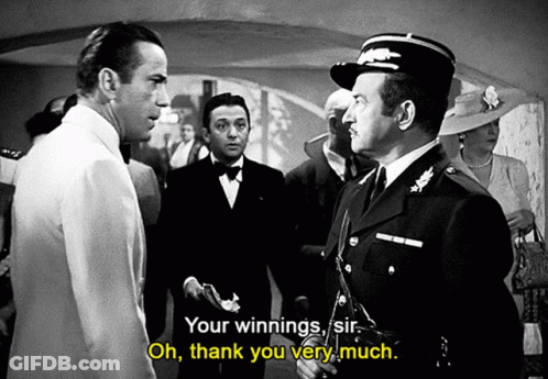 A Black And White Photo Of A Man Talking To Another Man With The Caption Your Winnings Sir Oh Thank You Very Much GIF