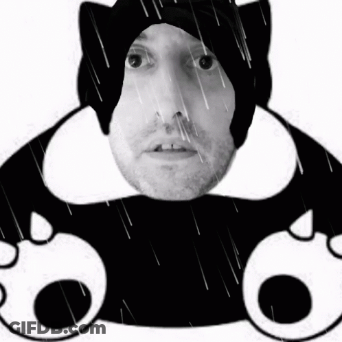 A Black And White Photo Of A Man Wearing A Black Cat Hat GIF
