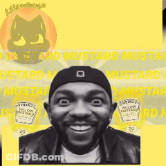 A Black And White Photo Of A Man Wearing A Black Hat That Says Yellow Mustard On It GIF