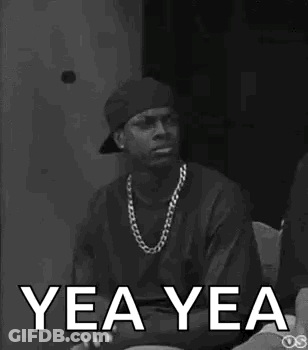 A Black And White Photo Of A Man Wearing A Hat And A Necklace With The Words Yea Yea Written On It . GIF