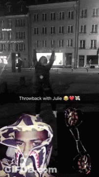 A Black And White Photo Of A Man Wearing A Hoodie That Says Throwback With Julie .. GIF