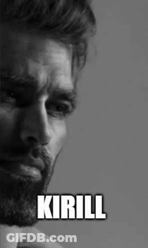 A Black And White Photo Of A Man With A Beard And The Word Kirill Written On His Face . GIF