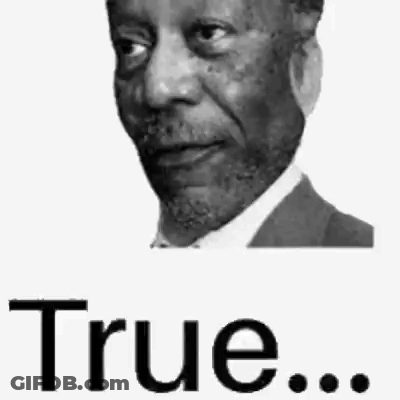 A Black And White Photo Of A Man With A Beard And The Words `` True '' Written Below Him . GIF