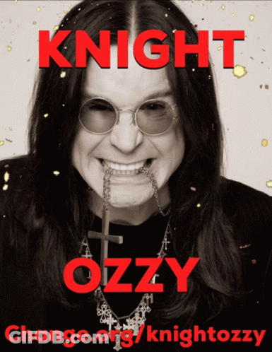 A Black And White Photo Of A Man With A Cross In His Mouth And The Words Knight Ozzy Change.org/knightozzy GIF