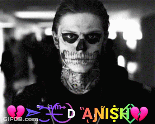 A Black And White Photo Of A Man With A Skull Painted On His Face And The Name Anish On The Bottom GIF