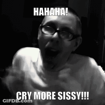 A Black And White Photo Of A Man With Glasses Laughing And Saying Cry More Sissy GIF