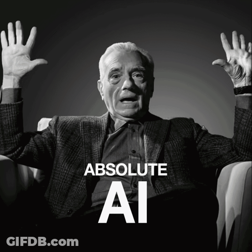 A Black And White Photo Of A Man With His Hands In The Air And The Words Absolute Ai Above Him GIF
