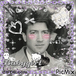A Black And White Photo Of A Man With Pink Cheeks Is Surrounded By Purple Glitter And Hearts GIF