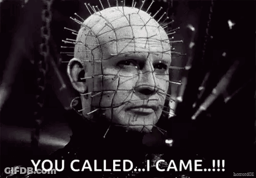A Black And White Photo Of A Man With Pins In His Head And The Words `` You Called ... I Came ... '' GIF