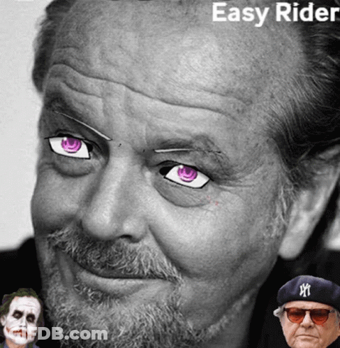 A Black And White Photo Of A Man With Purple Eyes And The Words Easy Rider Above Him GIF