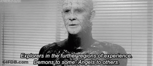 A Black And White Photo Of A Man With Spikes On His Face And The Words `` Explorers In The Further Regions Of Experience GIF