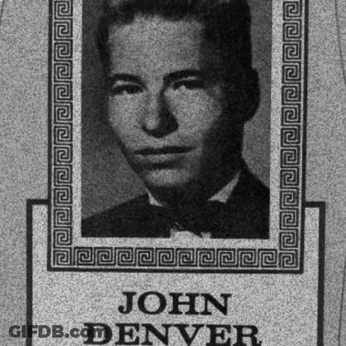 A Black And White Photo Of A Man With The Name John Denver On The Bottom GIF