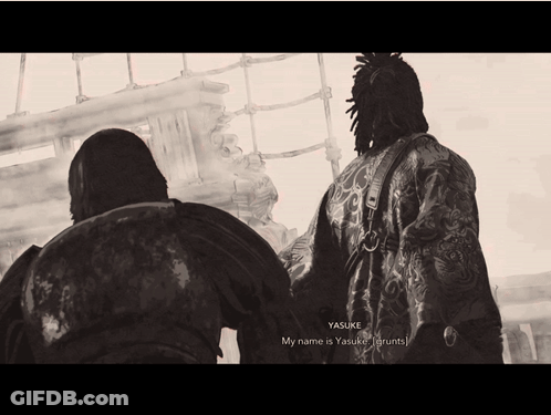 A Black And White Photo Of A Man With The Name Yasuke GIF