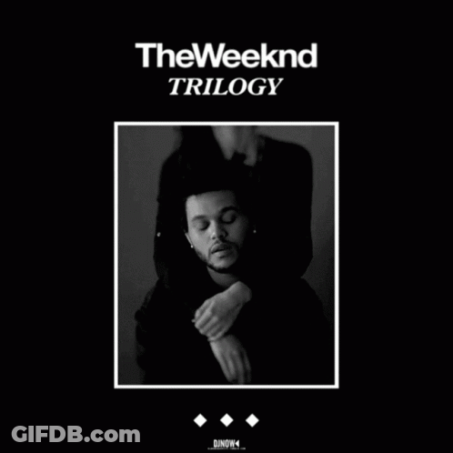 A Black And White Photo Of A Man With The Word Trilogy On It GIF