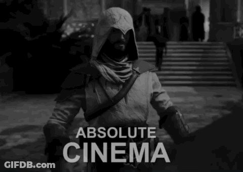 Black And White Photo Of Man With Absolute Cinema Text GIF