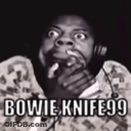 A Black And White Photo Of A Man With The Words Bowie Knife99 GIF