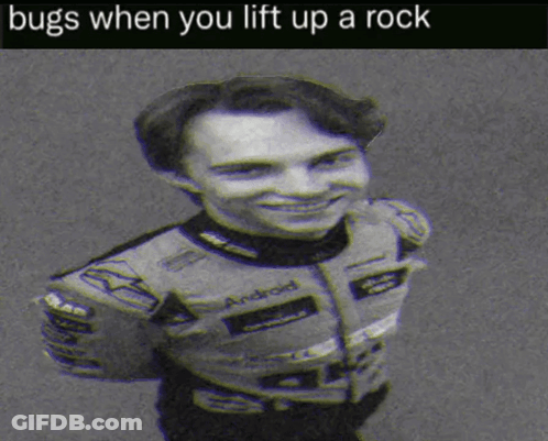 A Black And White Photo Of A Man With The Words Bugs When You Lift Up A Rock GIF
