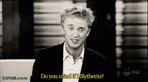 A Black And White Photo Of A Man With The Words Do You Mind If I Slytherin GIF