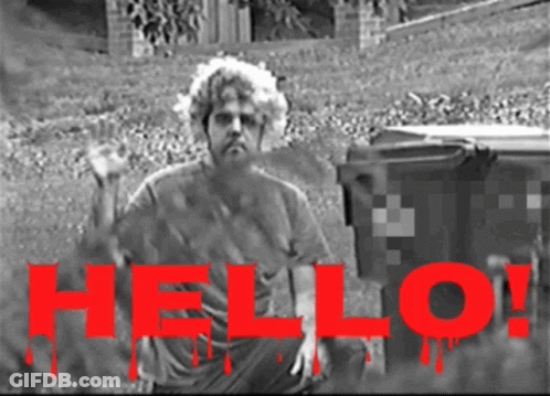 A Black And White Photo Of A Man With The Words Hello Written In Red GIF