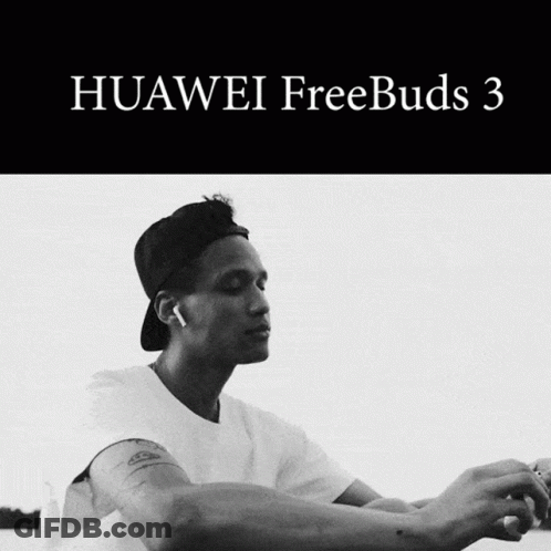 A Black And White Photo Of A Man With The Words Huawei Freebuds 3 GIF