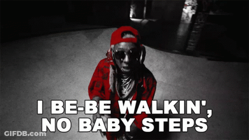 A Black And White Photo Of A Man With The Words I Be Be Walkin ' No Baby Steps GIF