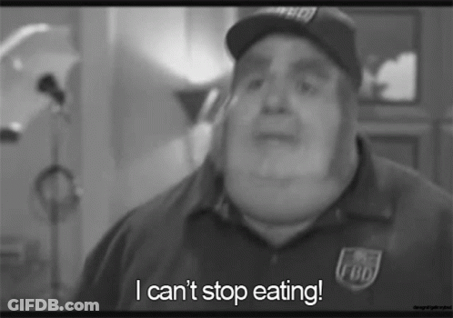 A Black And White Photo Of A Man With The Words " I Can 'T Stop Eating " GIF