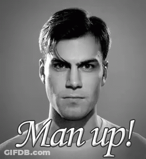 A Black And White Photo Of A Man With The Words Man Up On The Bottom GIF