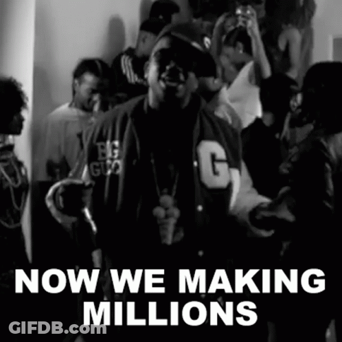 A Black And White Photo Of A Man With The Words Now We Making Millions Above Him GIF