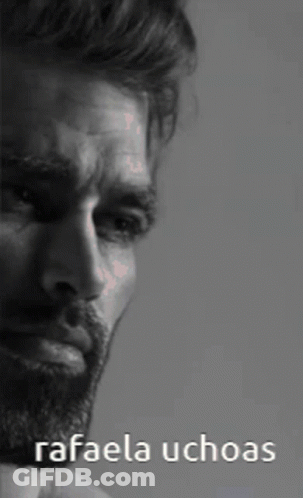 A Black And White Photo Of A Man With The Words Rafaela Uchoas Below Him GIF