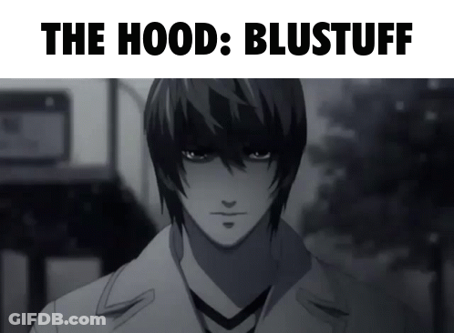 A Black And White Photo Of A Man With The Words The Hood Blustuff Below Him GIF
