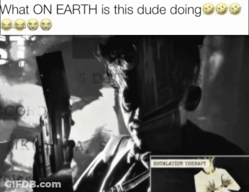 A Black And White Photo Of A Man With The Words " What On Earth Is This Dude Doing " At The Top GIF