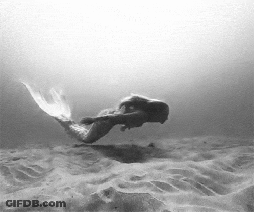 A Black And White Photo Of A Mermaid Swimming In The Ocean GIF