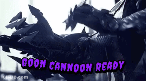 A Black And White Photo Of A Monster With The Words Goon Cannoon Ready Written Above It . GIF