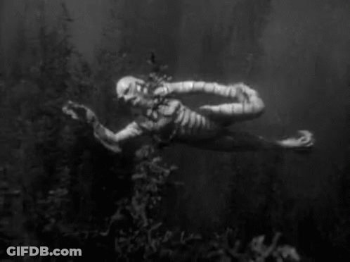 A Black And White Photo Of A Mummy Floating In The Water . GIF