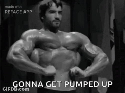 A Black And White Photo Of A Muscular Man Flexing His Muscles With The Words `` Gonna Get Pumped Up '' . GIF