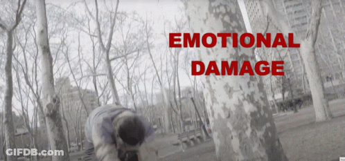 A Black And White Photo Of A Park With The Words Emotional Damage In Red GIF